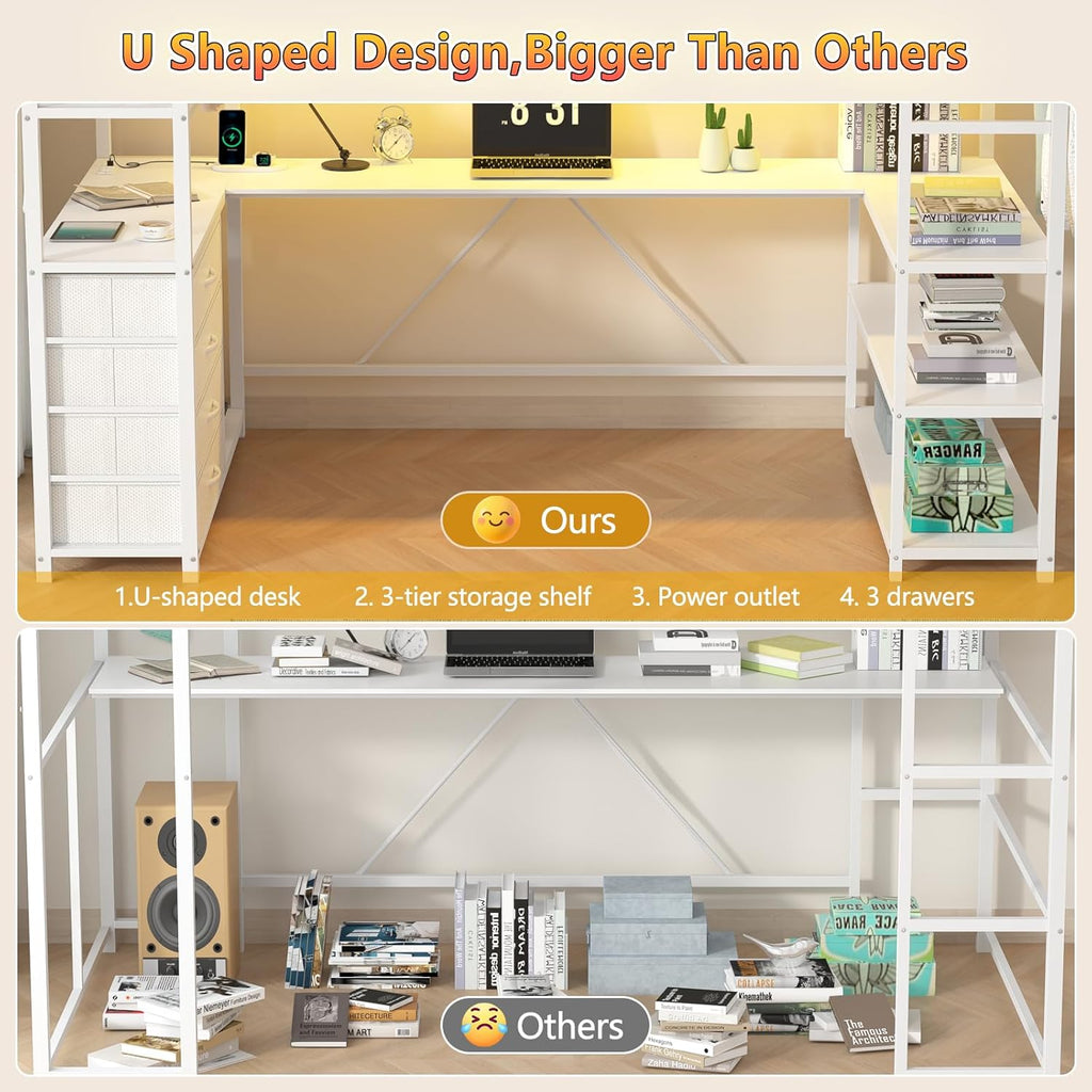 Twin Metal Loft Bed Frame With U-Shaped Desk, Storage Headboard, LED Lights, Power Outlet And 4 Drawers