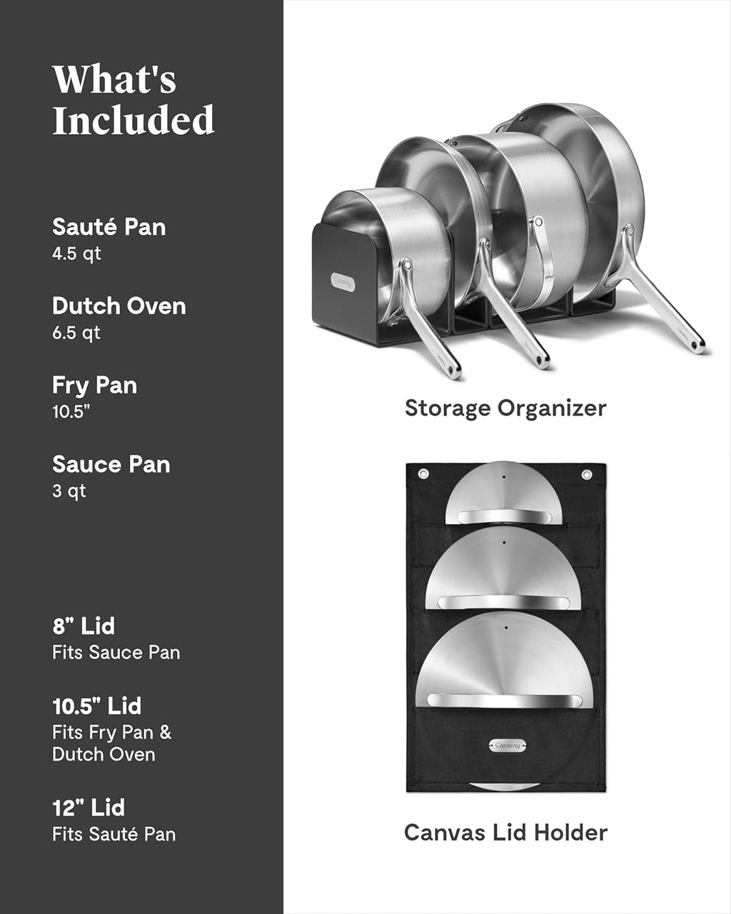 Caraway Stainless Steel 12 Piece 5-Ply Cookware Set - 10.5in Fry Pan, 3-qt Sauce Pan, 4.5-qt Saute Pan, 6.5-qt Dutch Oven
