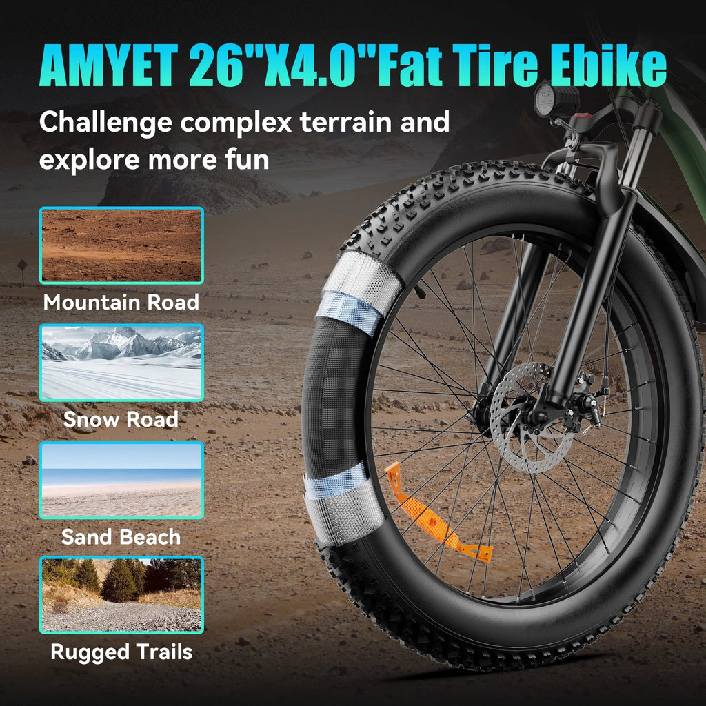 AMYET 26 x 4 Fat Tire Electric Mountain Bike, 48V 15Ah, 7-Speed - EB26