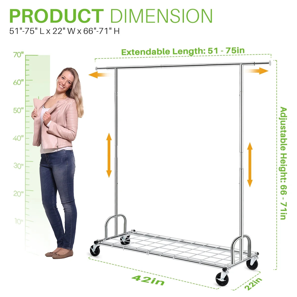 Hokeeper Heavy Duty Garment Rack, 550 lbs, 45.66-70.86 in Adjustable Rail, Silver