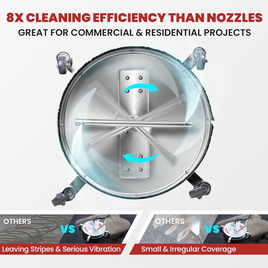 WOJET 20 Inch Pressure Washer Surface Cleaner Attachment, 4 Wheels, Dual Handles, 4500 PSI, Stainless Steel