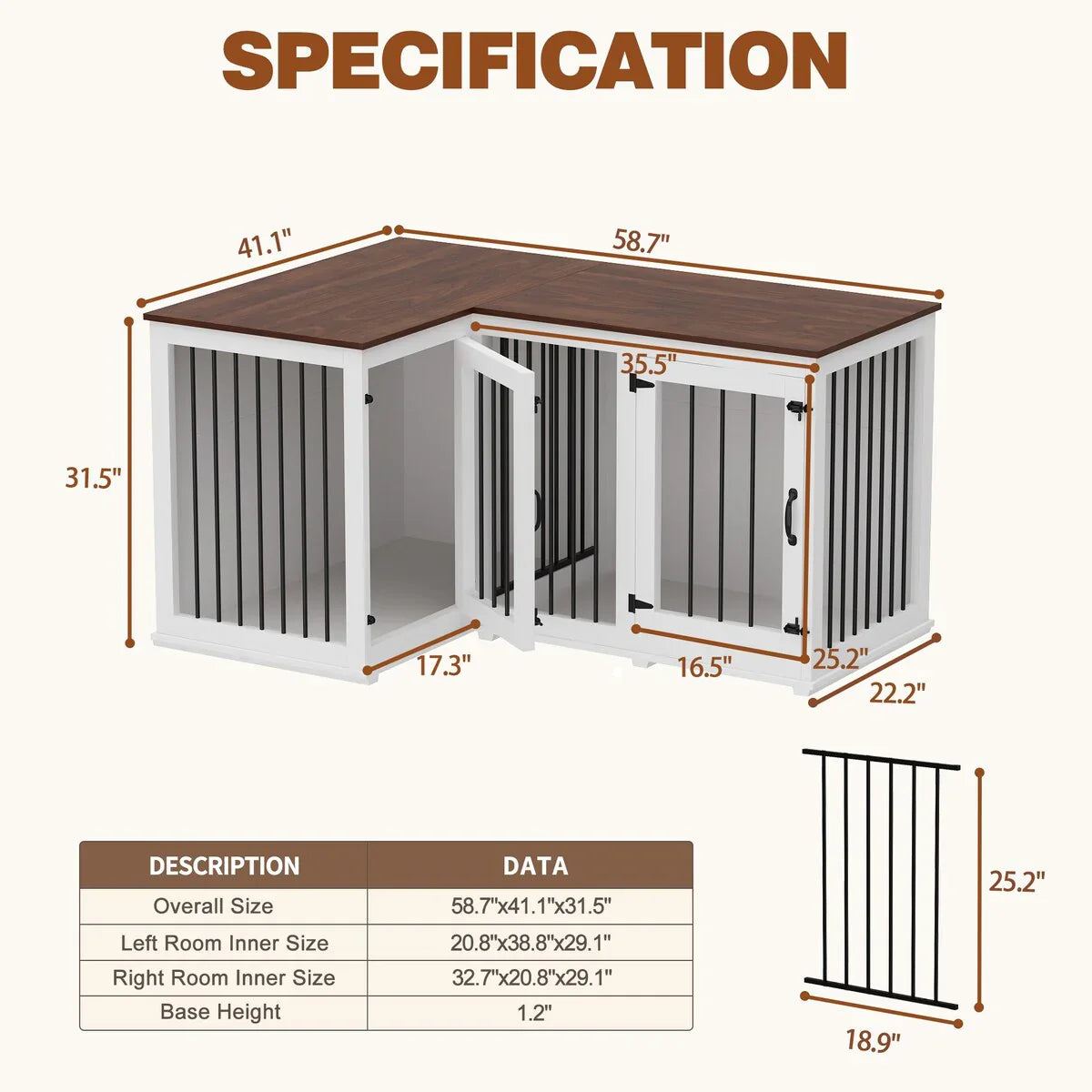 L Shape Corner Dog Crate Furniture For 2 Dogs, 58.7X41.1