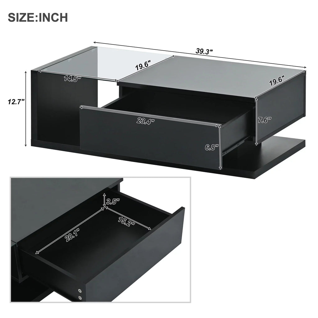 JQCX Modern Coffee Table With Tempered Glass, High-Gloss UV Surface And 2-Tier Storage