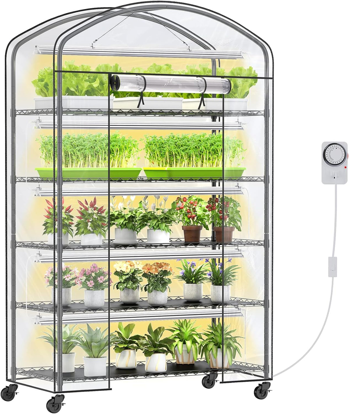 5-Tier Metal Indoor Greenhouse With Grow Lights And PVC Cover - 49 x 21.6 x 79 inch