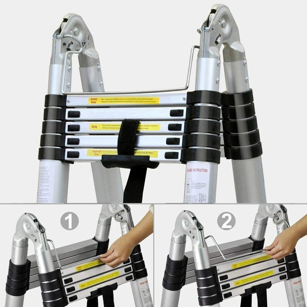 Bowoshen Telescopic Ladder 16.5 ft Aluminum 8 x 2 Steps 330 lb