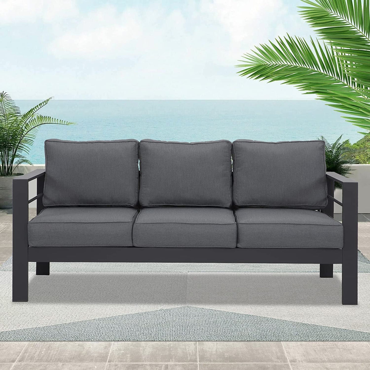 Superjoe Outdoor Patio Sofa 3 Seats Gray Aluminum With Dark Grey Cushions