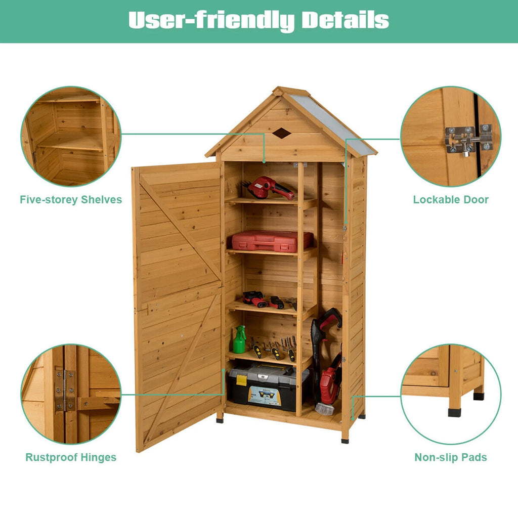 Gymax Outdoor Wooden Garden Tool Storage Shed With 5 Shelves, 28'' x 18'' x 63'' - Natural