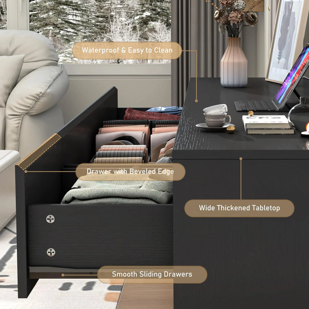 ChVans 9-Drawer Dresser With Charging Station, Black, 63in x 15.7in x 31.5in