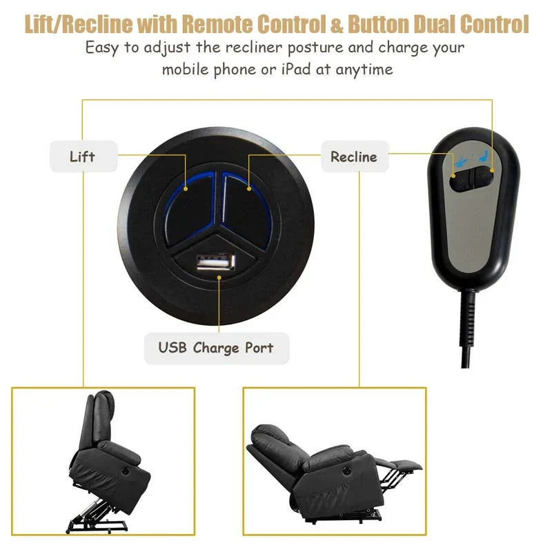 Electric Power Lift Recliner Chair With Leather Massage, Lumbar Heating, 8 Vibrating Nodes, Cup Holders And USB Port