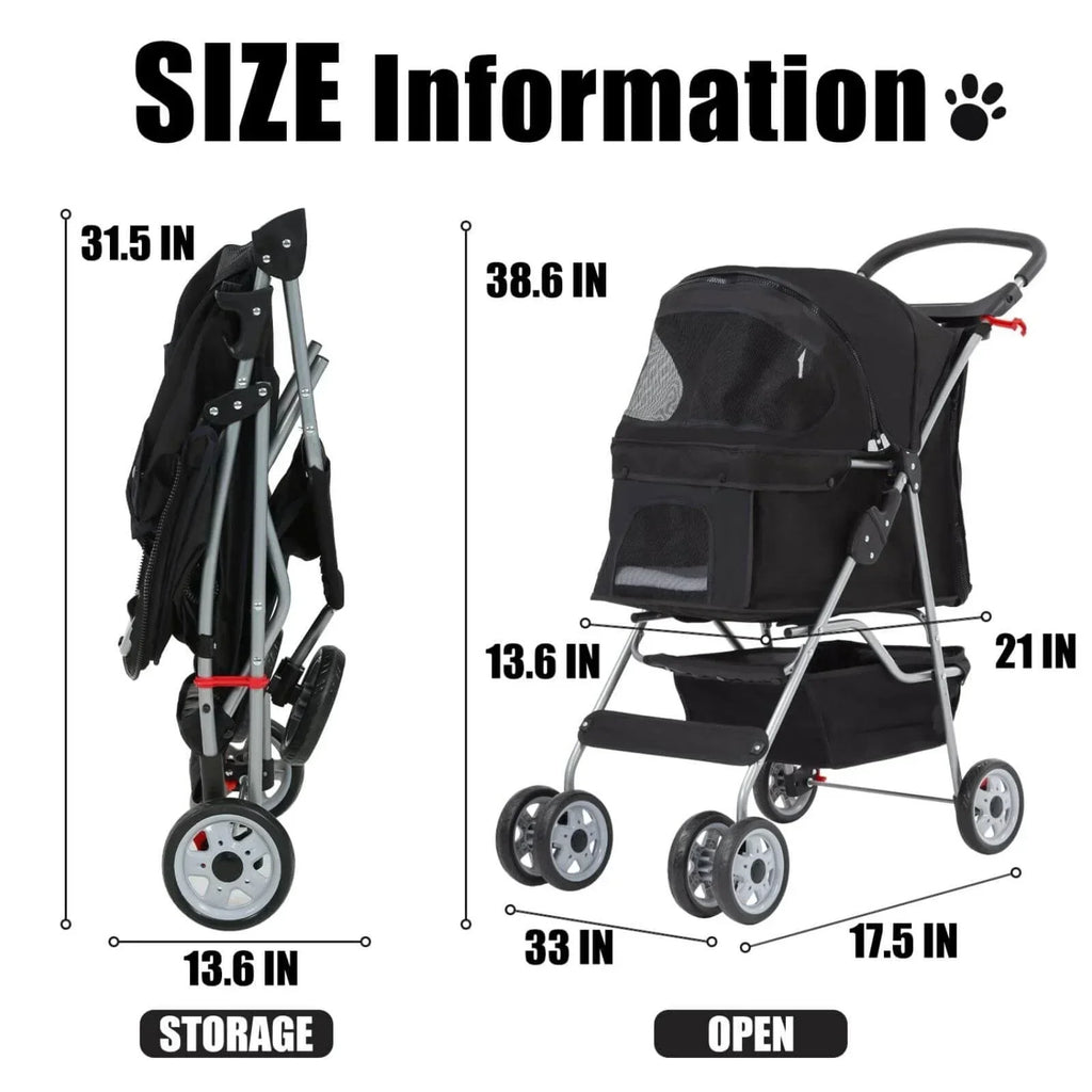 Foldable Dog And Cat Pet Stroller With Storage Basket, Removable Liner And 4 Wheels - Black