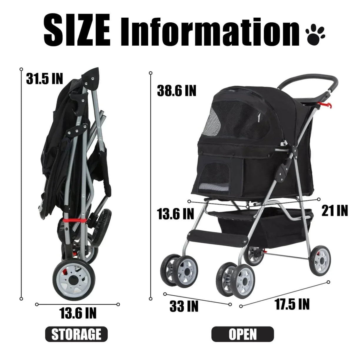 Foldable Dog And Cat Pet Stroller With Storage Basket, Removable Liner And 4 Wheels - Black