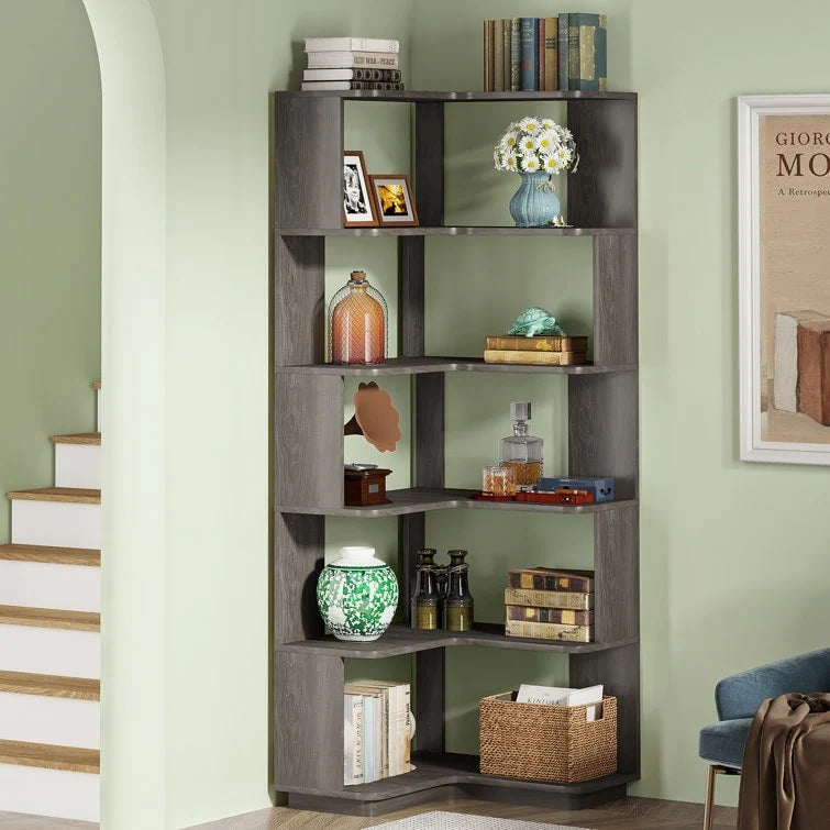 6-Tier Corner Bookshelf, 64.9 Inch Tall, Freestanding Wood Industrial Bookcase