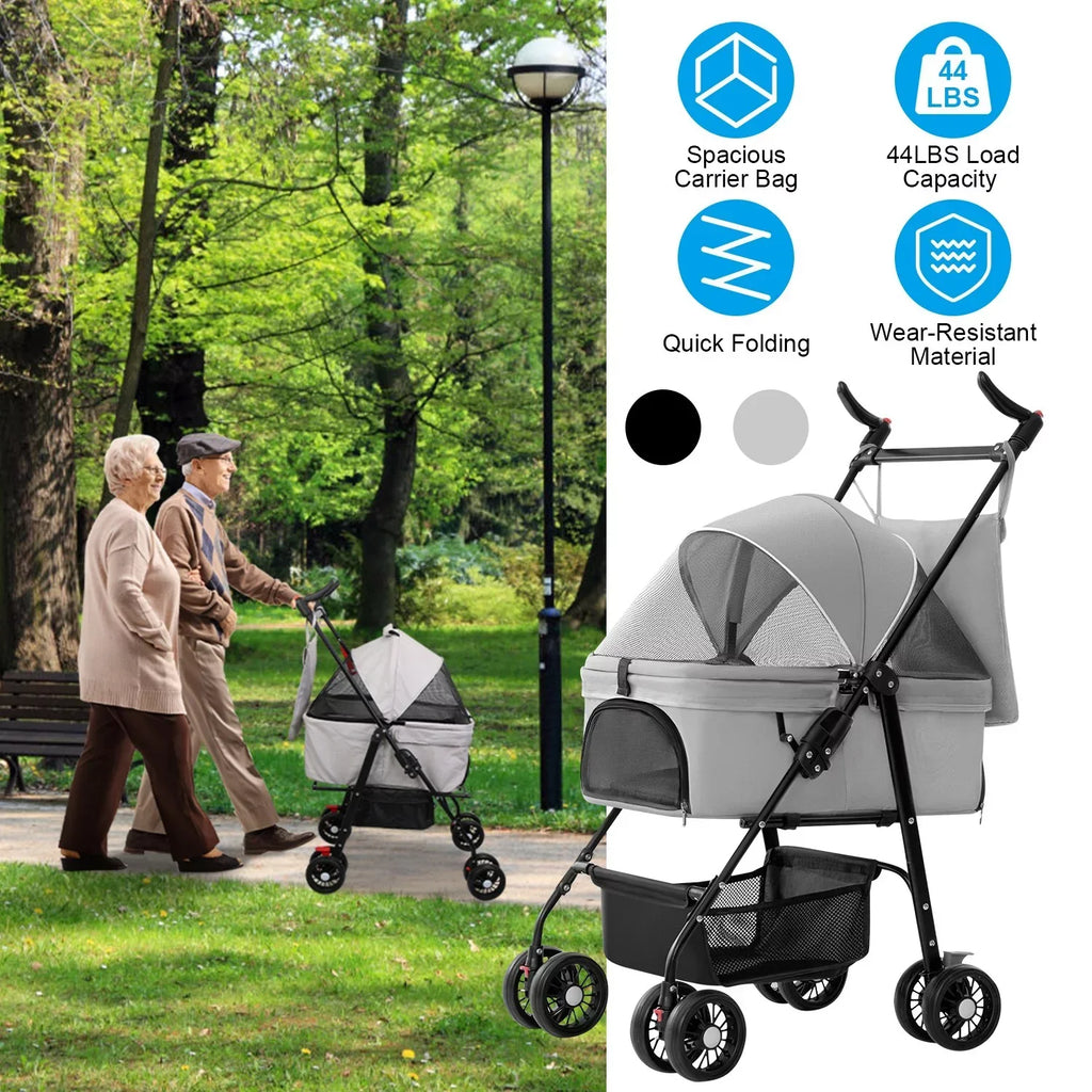iMounTEK 4-Wheel Foldable Pet Stroller With Removable Liner And Storage Basket - Gray