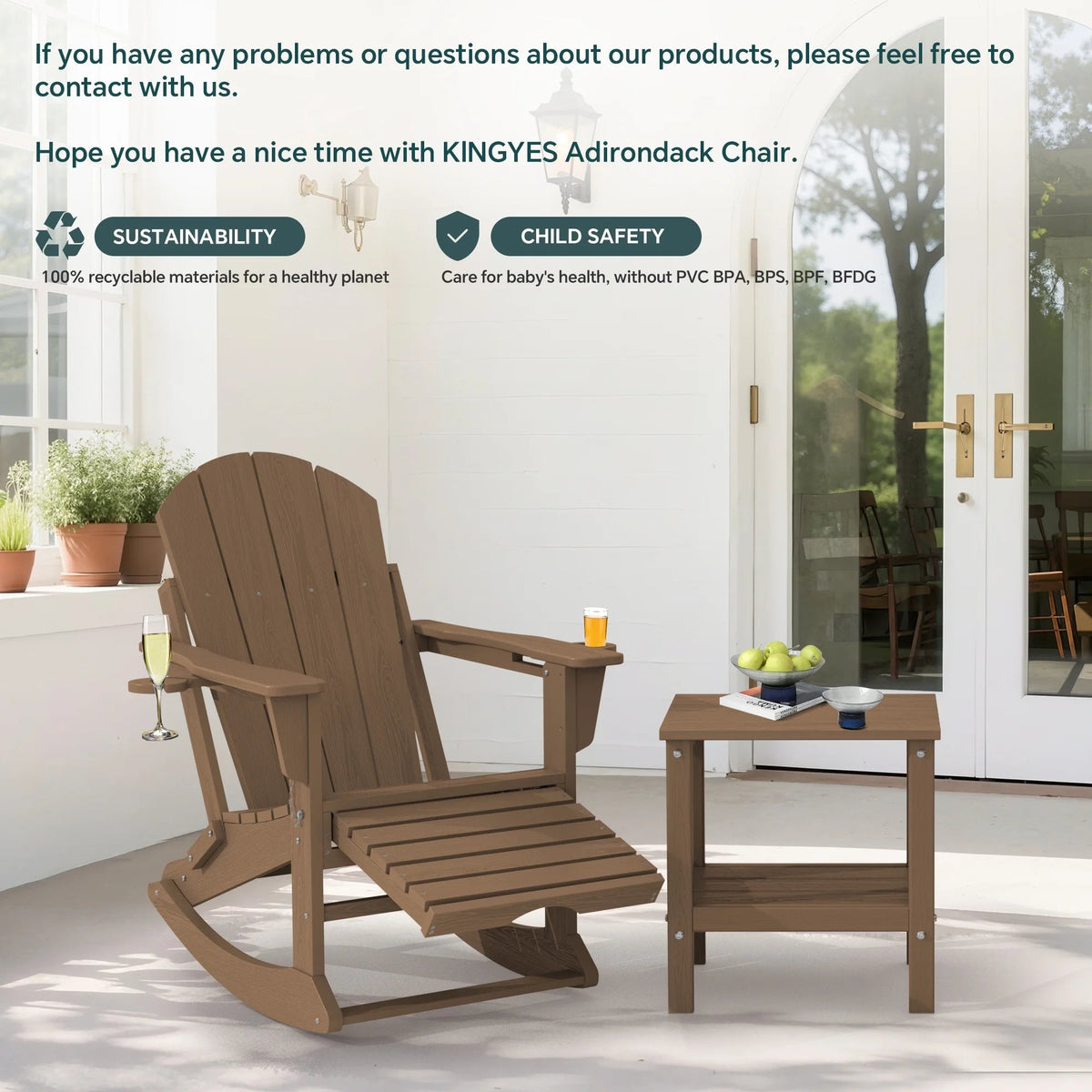KINGYES Folding Adirondack Rocker Chair Set Of 2 With Footrest And Dual Cup Holders - Black