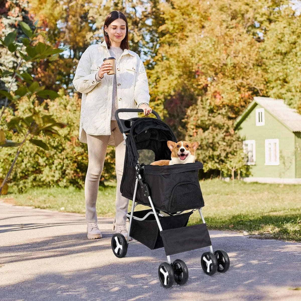 Pet Stroller With 4 Wheels For Small And Medium Dogs And Cats - Foldable, Oxford Cloth, 30 lbs Capacity