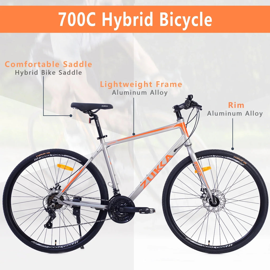 Men's Hybrid Road Bike 28 inch 700C Wheels, 21-Speed, 21-inch Aluminum Frame - Silver and Orange