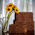 Set Of 3 Small Rectangular Seagrass Storage Baskets With Lids - Natural Beige