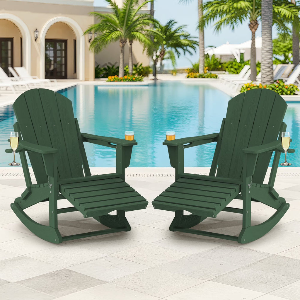 KINGYES Folding Adirondack Rocker Chair Set Of 2 With Footrest And Dual Cup Holders - Black