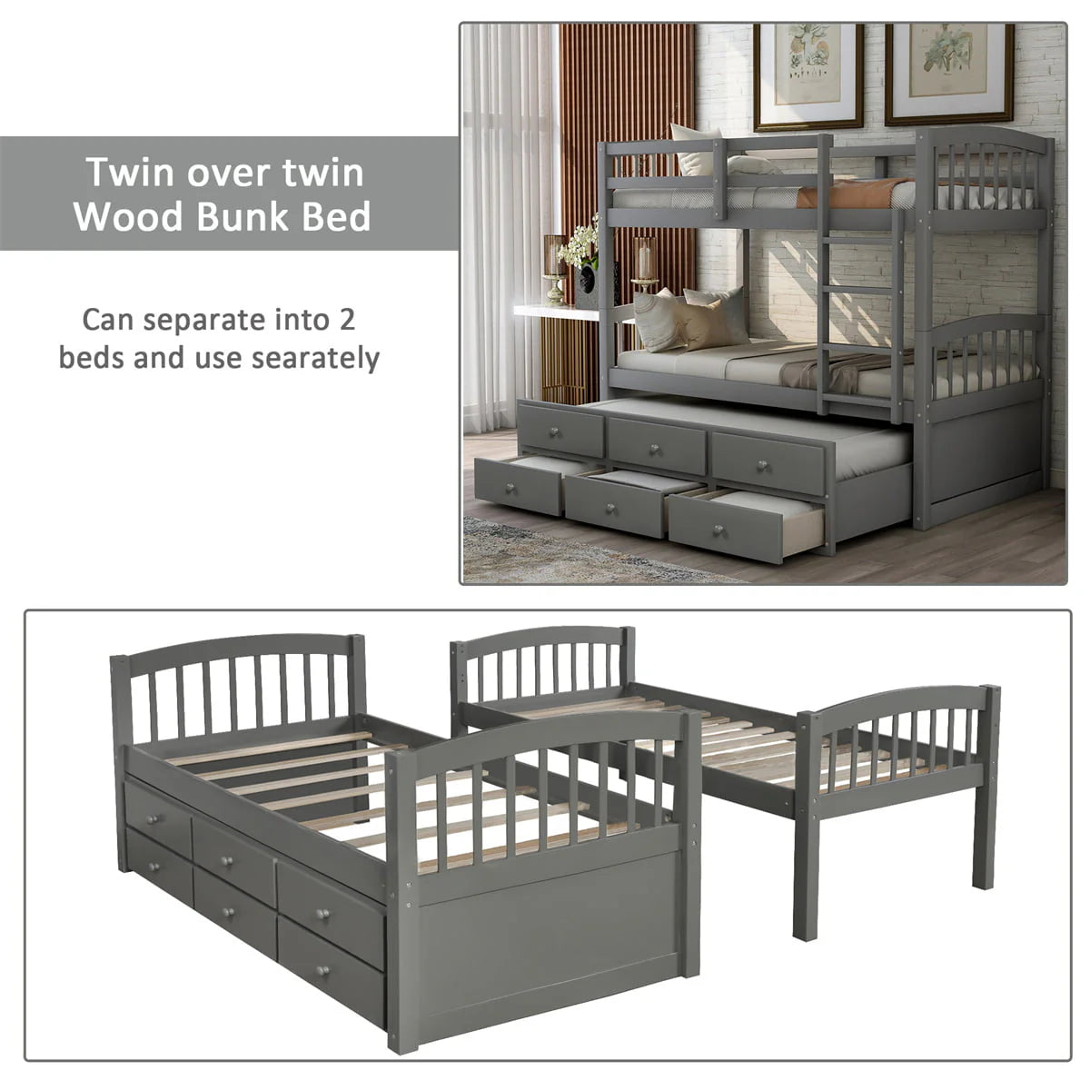 Twin-Over-Twin Bunk Bed With Trundle, Ladder, Safety Rail, 3 Drawers, Plywood, MDF and Pinewood - Gray