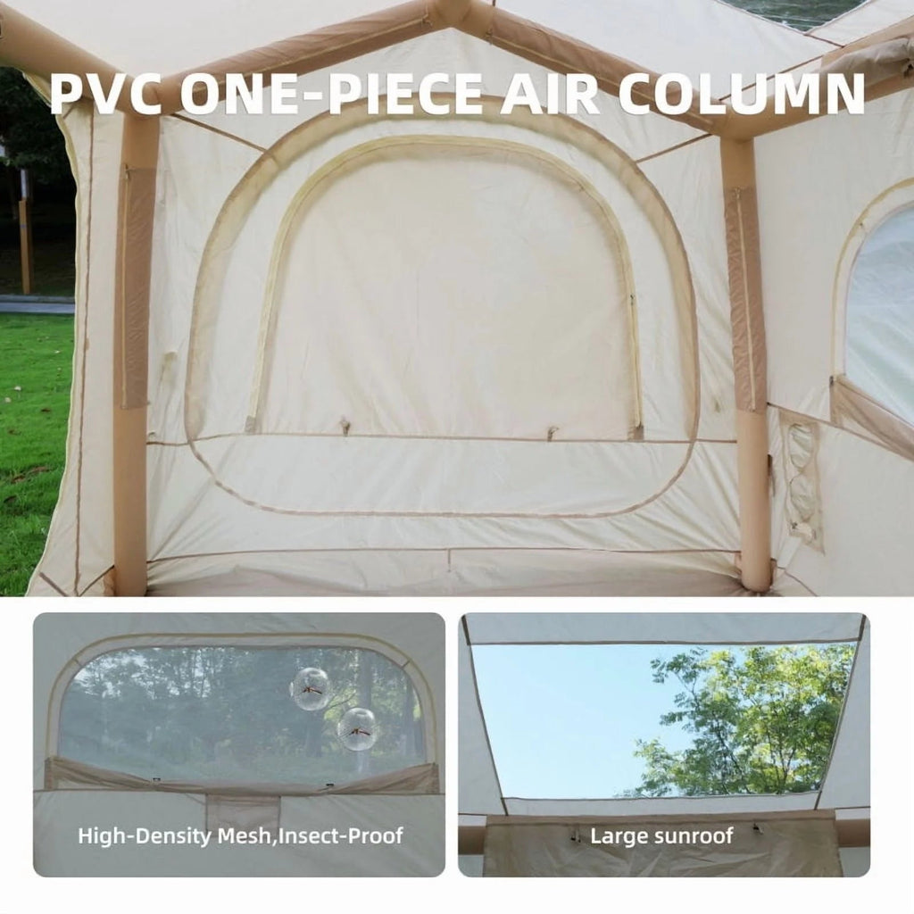 Beige Inflatable Camping Tent, 4-6 Person, 118in L x 98.5in W x 83in H, 4-Season, Oxford
