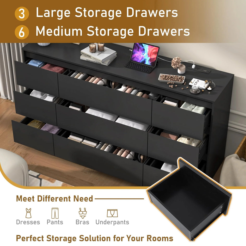 ChVans 9-Drawer Dresser With Charging Station, Black, 63in x 15.7in x 31.5in