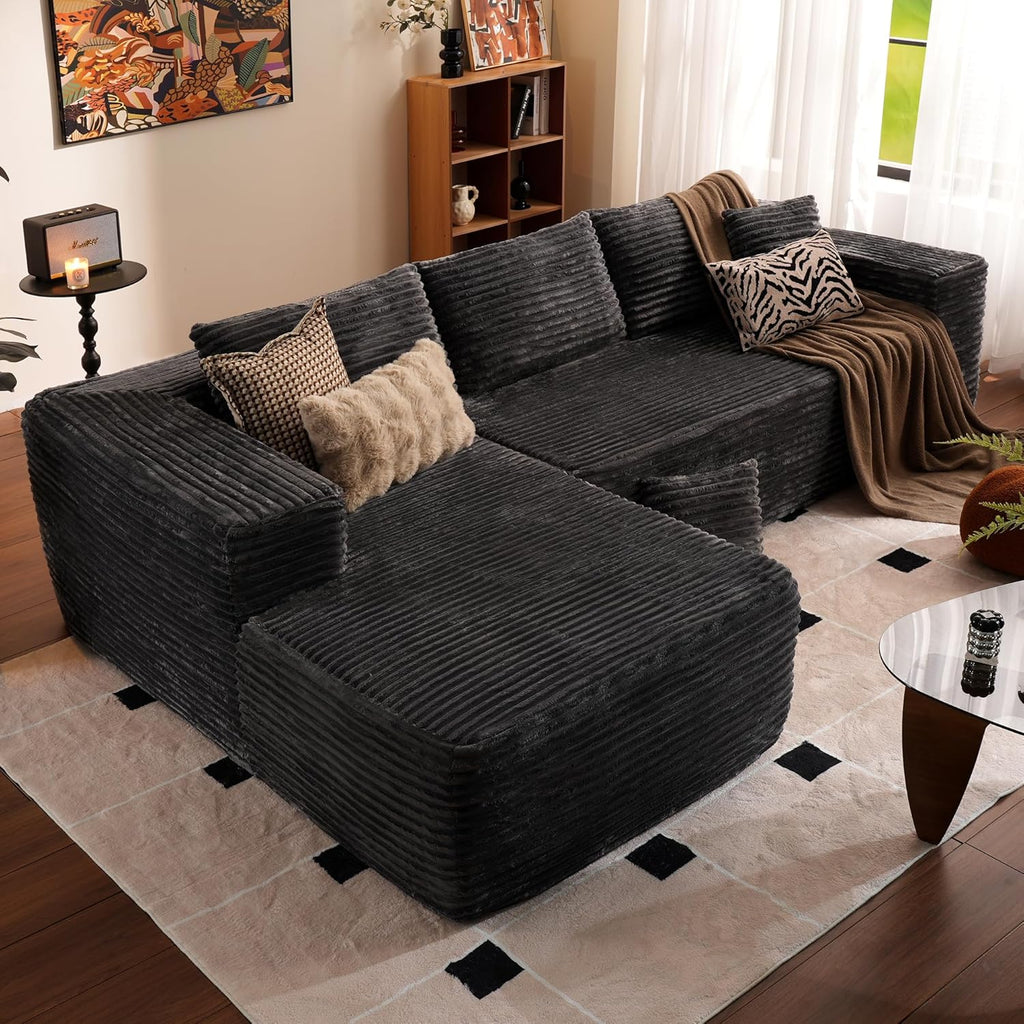 ovios 104in L-Shape Sectional Sofa With Chaise, Grey Plush Corduroy Fabric