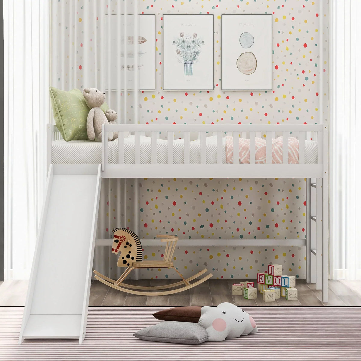 Twin Size Low Loft Bed With Slide And Ladder, White