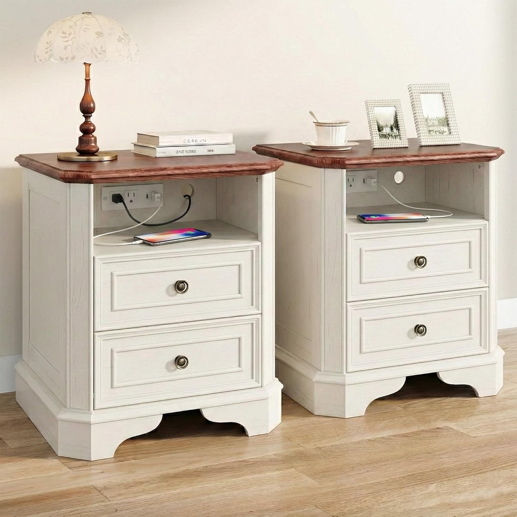 24in White Nightstands With Charging Station, 2 Drawers And Open Shelf - Set Of 2