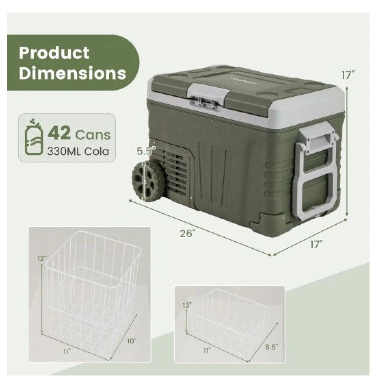 Portable 12V Car Refrigerator Electric Cooler, 35L/50L, Green
