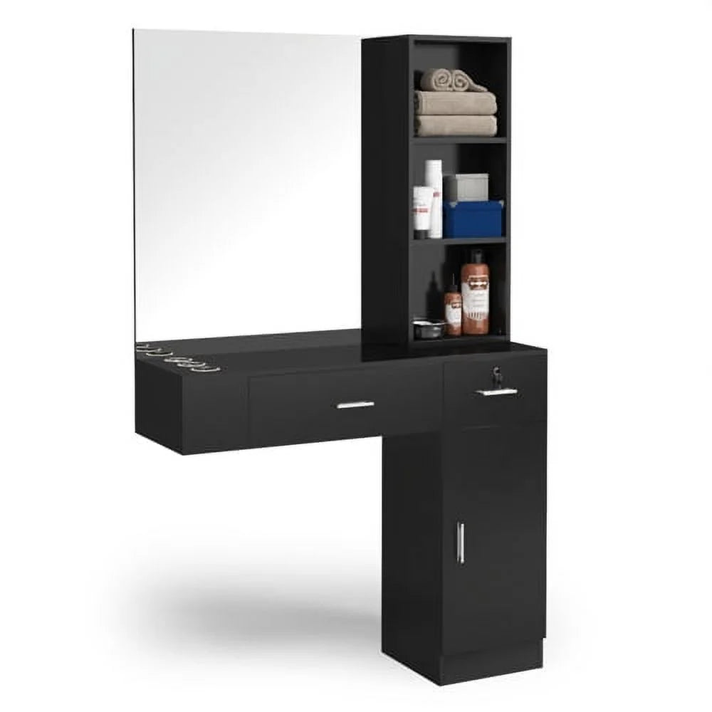 OmySalon Wall Mount Salon Station With Mirror, 1 Storage Cabinet, 2 Drawers And 3-Tier Shelf - Black