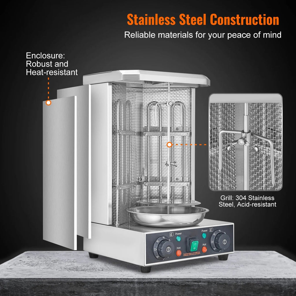 KFFKFF Electric Shawarma Rotisserie Grill 1700W 2 Burners Stainless Steel - ZH-9211