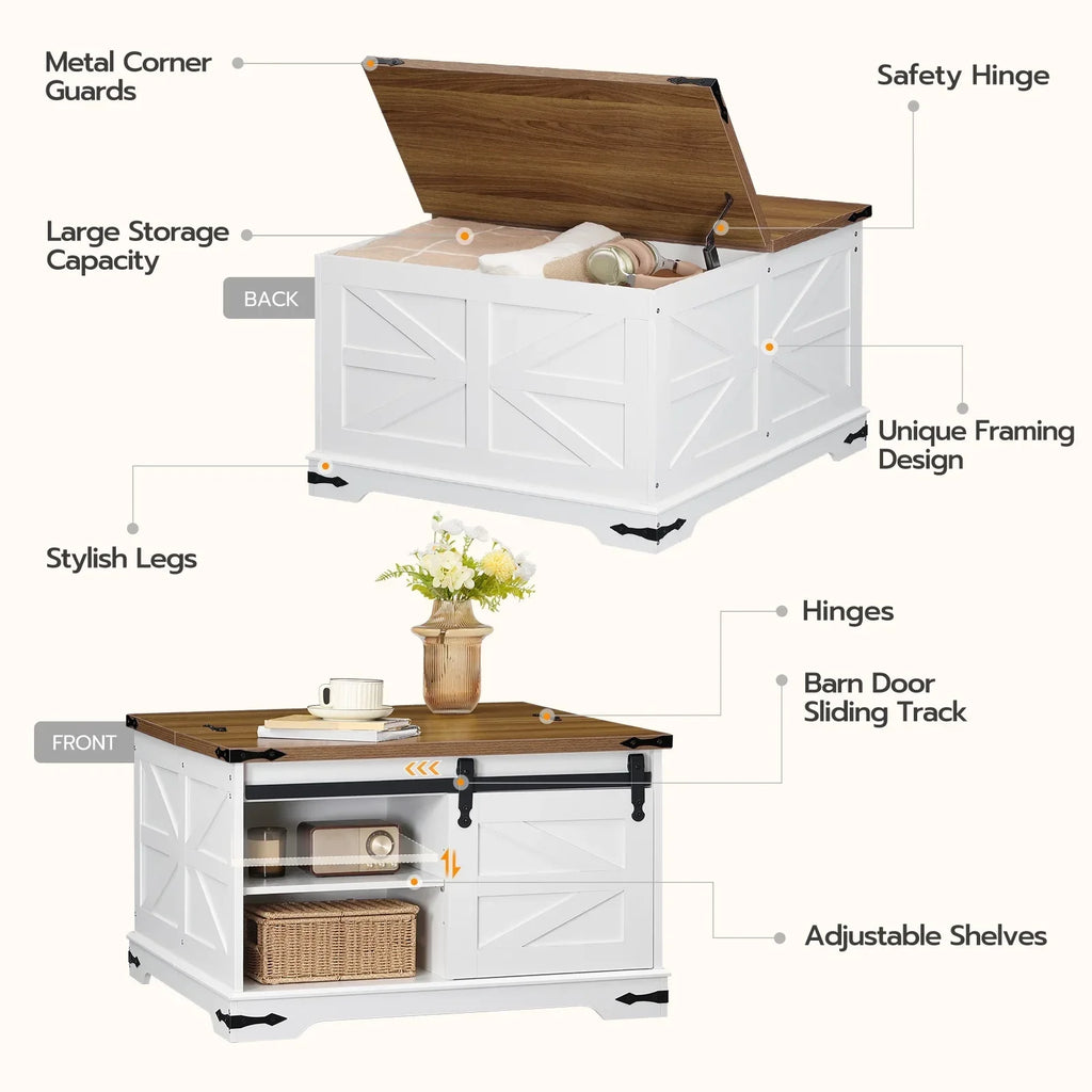 HOOBRO Farmhouse Lift-Top Coffee Table With Sliding Barn Door, White And Walnut, 31.3in L x 31.5in W x 19.7in H - WH80KF01