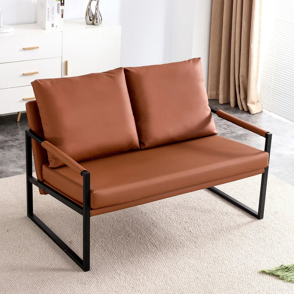 Modern Two-Seater Sofa Chair With 2 Pillows, PU Leather, Brown - SF-D008