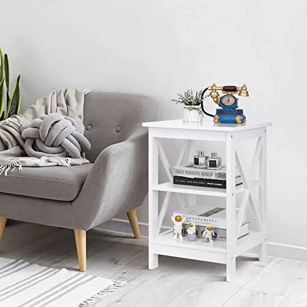 ASDRFYU 3-Tier Wooden End Table With Shelves, X-Design, White