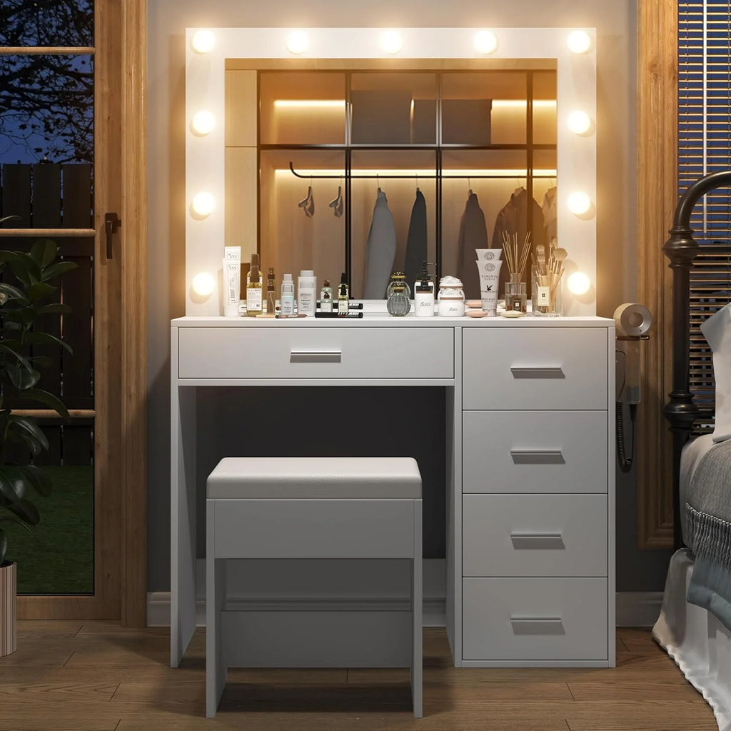 Makeup Vanity Desk With Lighting Mirror, Power Outlet, 37in W, 5 Drawers, Black