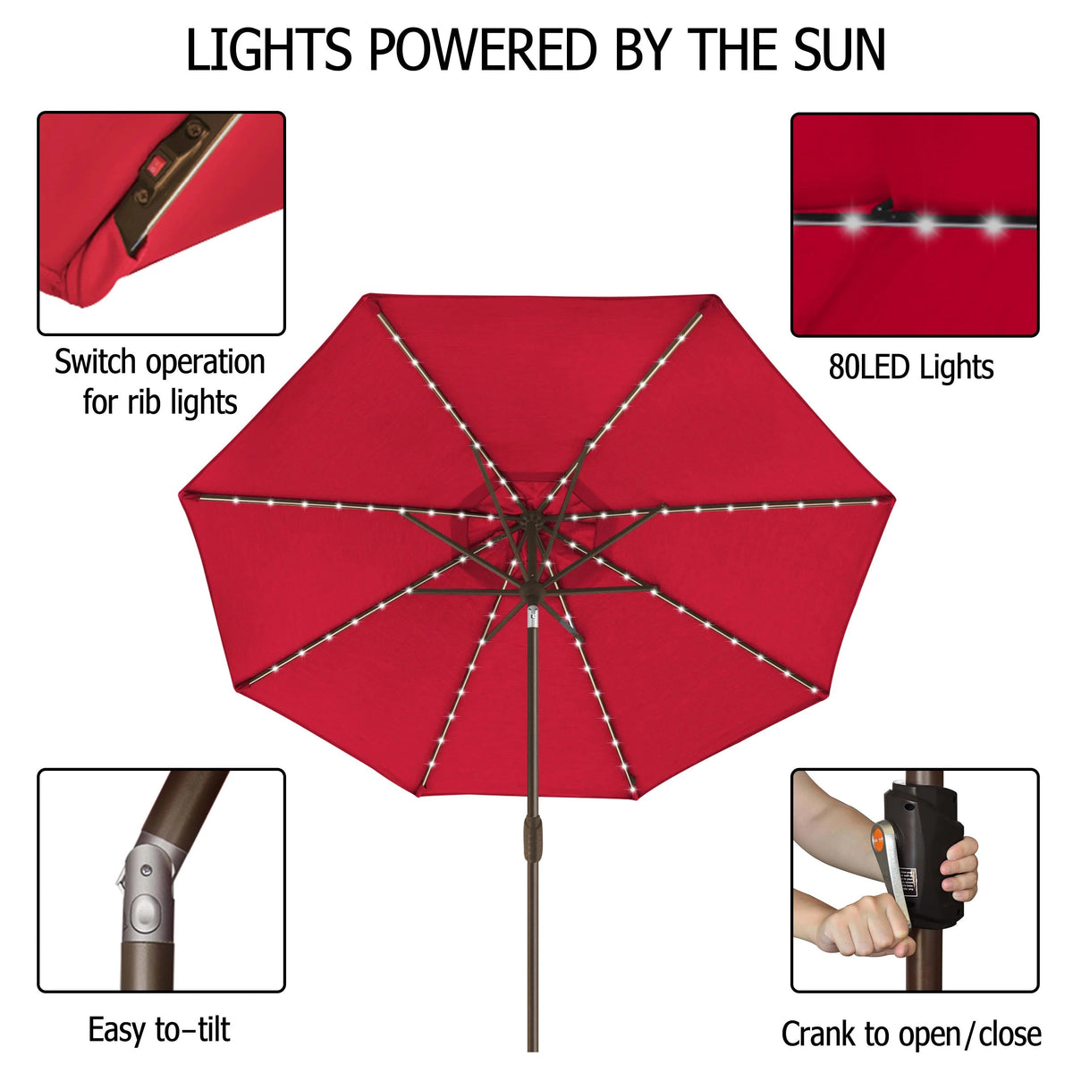 EliteShade 9ft Market Patio Umbrella With 80 LED Lights, Ruby