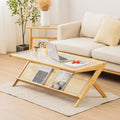 Bamboo 2-Tier Rectangular Coffee Table With Glass Tabletop And Rattan Storage Shelf - Natural