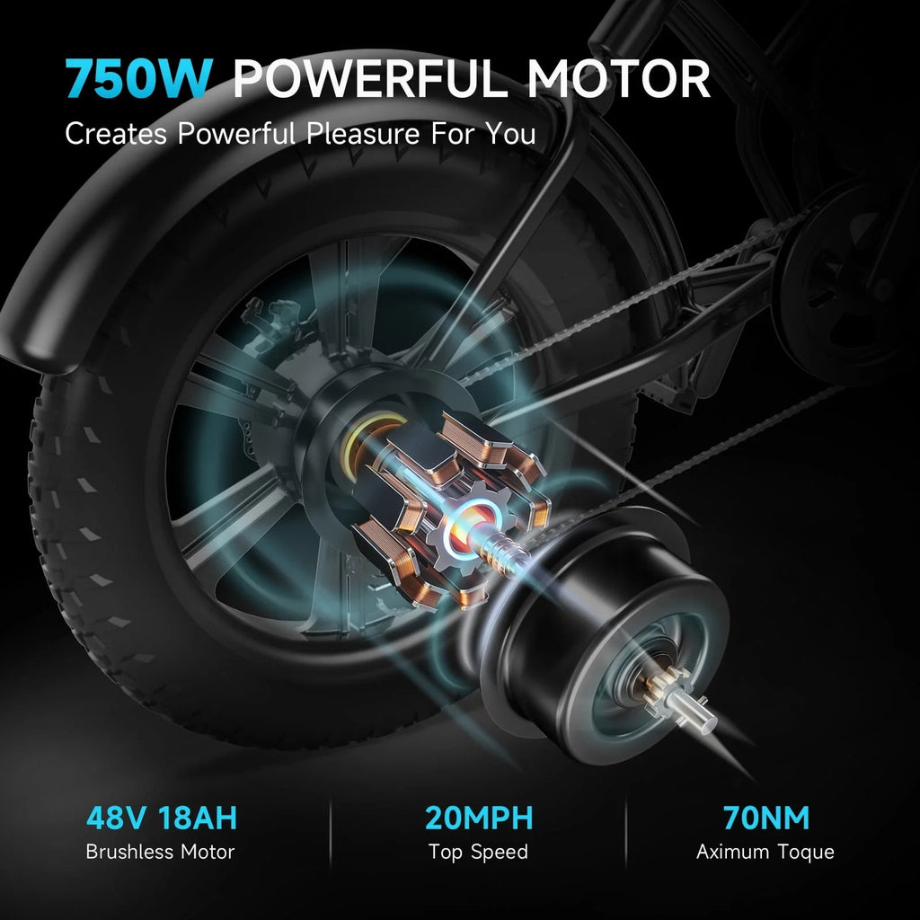 Electric Bike For Adults 750W 48V 18Ah, 20-Inch Fat Tires, 20 MPH, 68-Mile Range