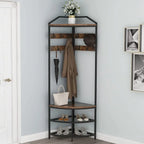HBROLJF Corner Hall Tree With Shoe Bench, 10 Metal Movable Hooks, Rustic Brown - 71.3 x 18.1 x 18.1 in