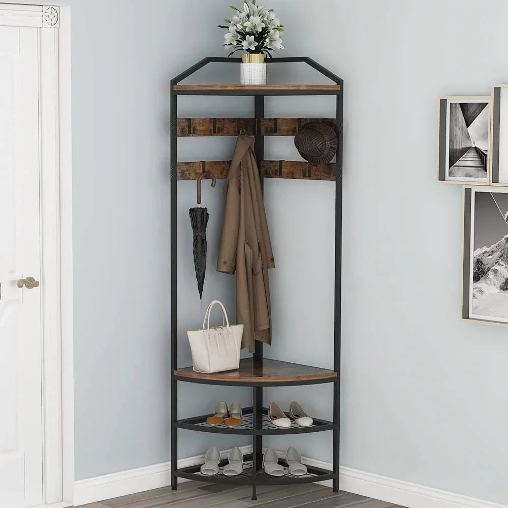 HBROLJF Corner Hall Tree With Shoe Bench, 10 Metal Movable Hooks, Rustic Brown - 71.3 x 18.1 x 18.1 in