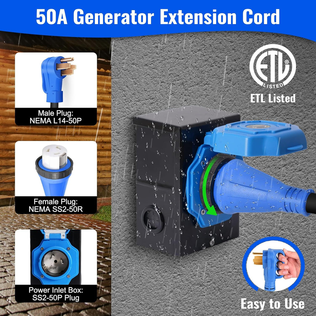 Seeutek 50 Amp 30 Ft Generator Extension Cord With Power Inlet Box And Interlock Kit - NEMA 14-50P/SS2-50P