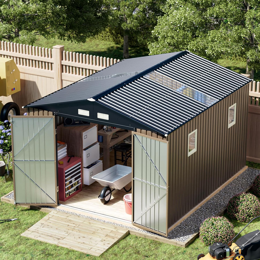 Breezz Outdoor Metal Storage Shed 10 x 12ft Brown - Lockable Doors And Windows