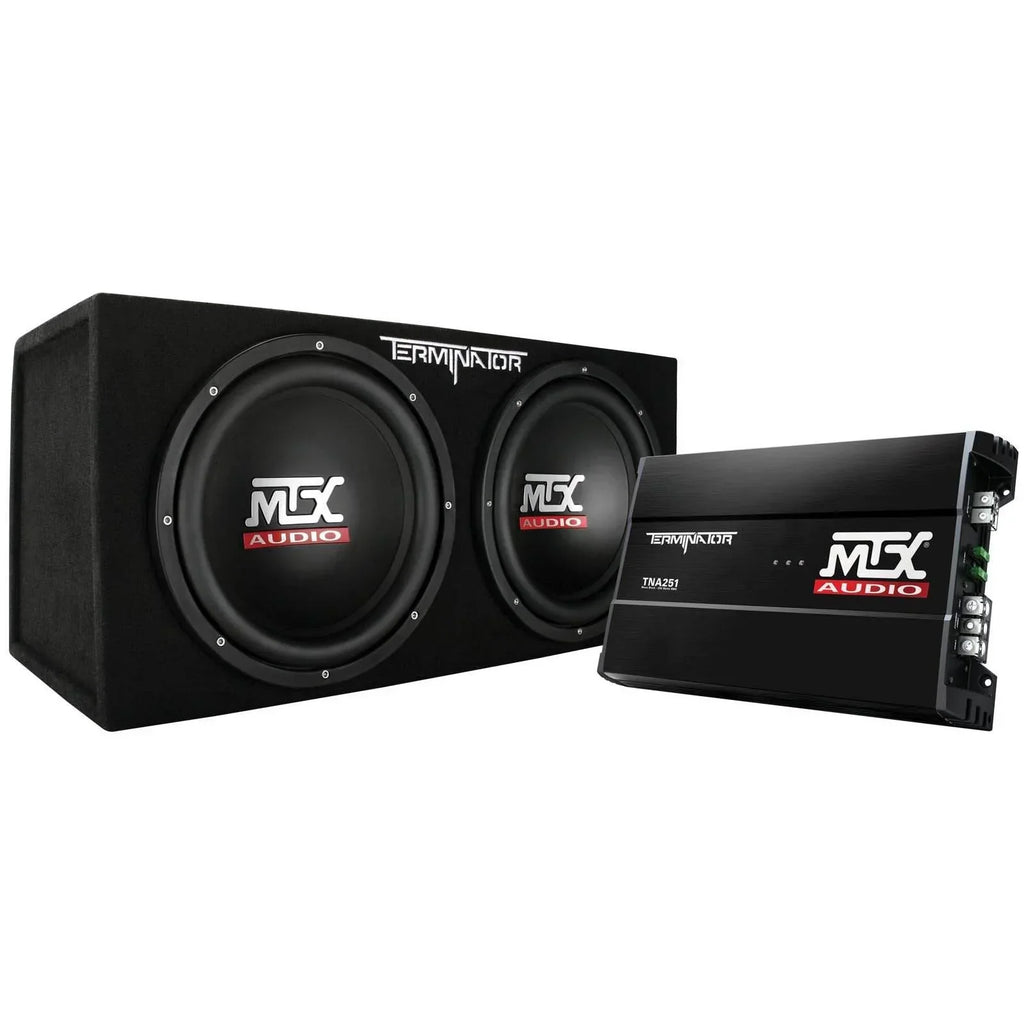 MTX 12in Dual Loaded Car Subwoofer Package With Sub Box, Amplifier And QPower Wiring Kit - TNP212D2
