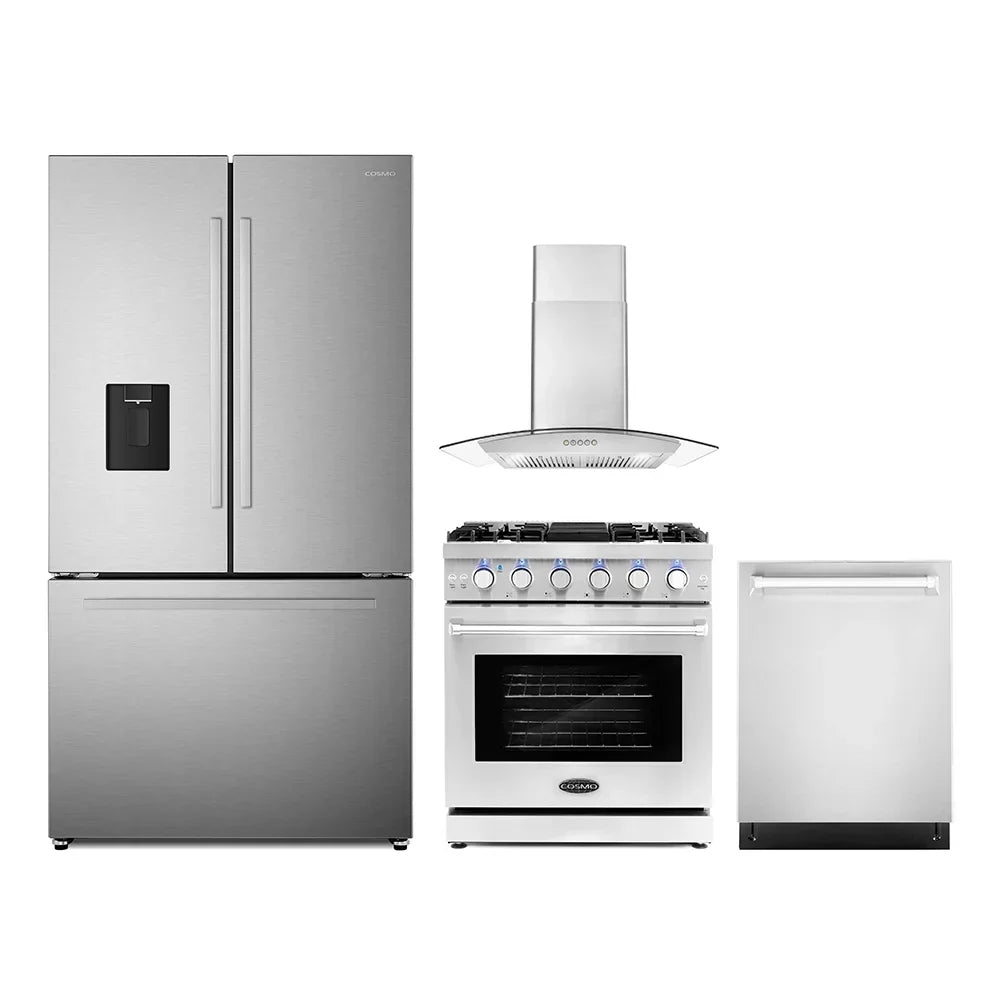 4 Piece Kitchen Appliance Package With 30 inch Gas Range, Wall Mount Range Hood, Dishwasher And French Door Refrigerator