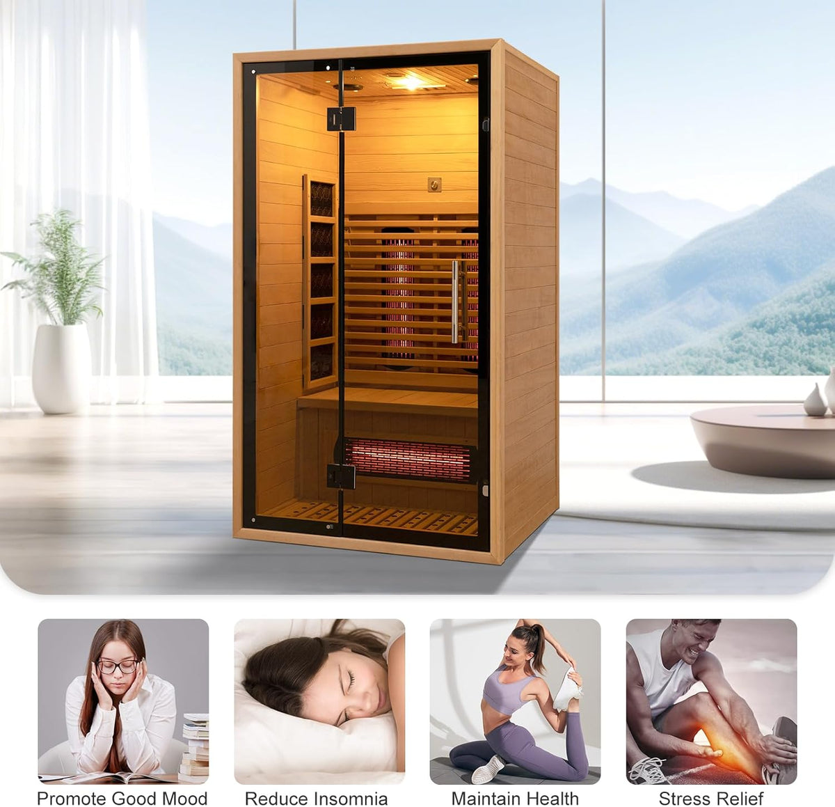 2-Person Red Light Far Infrared Indoor Sauna, 1750W/110V, Canadian Hemlock, 41.33in x 47.24in x 74.80in