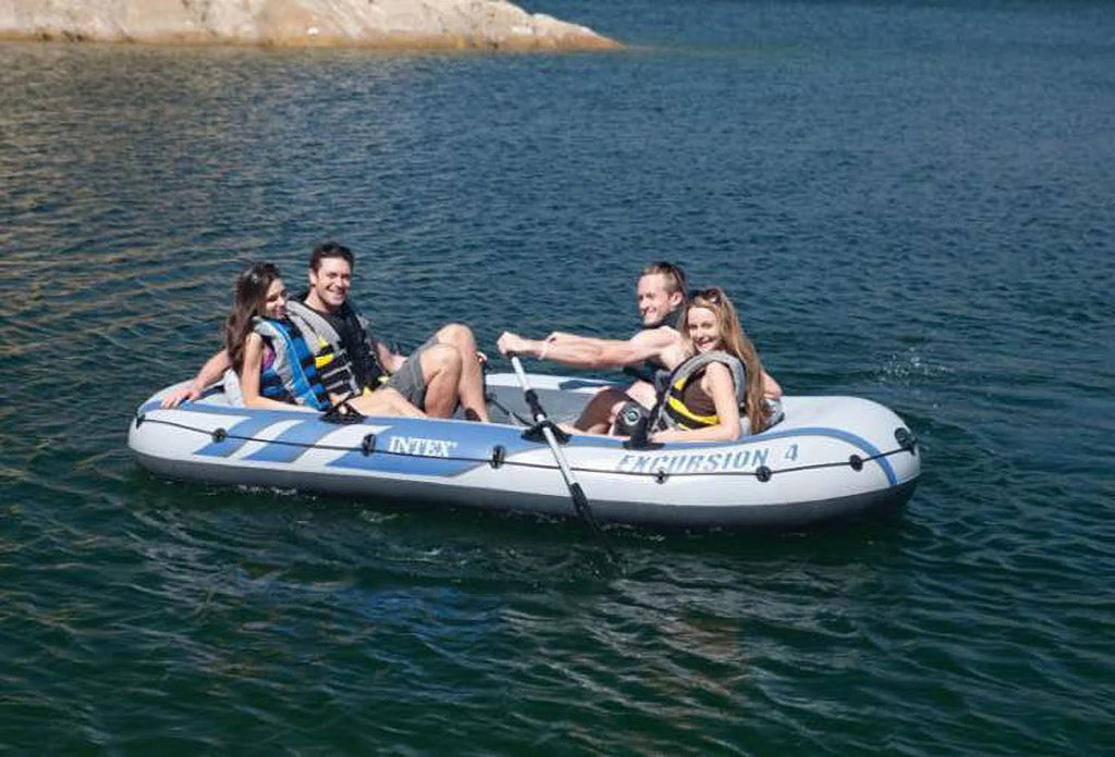 Intex Excursion 4 Inflatable Raft Set With 2 Transom Mount 8 Speed Trolling Motors