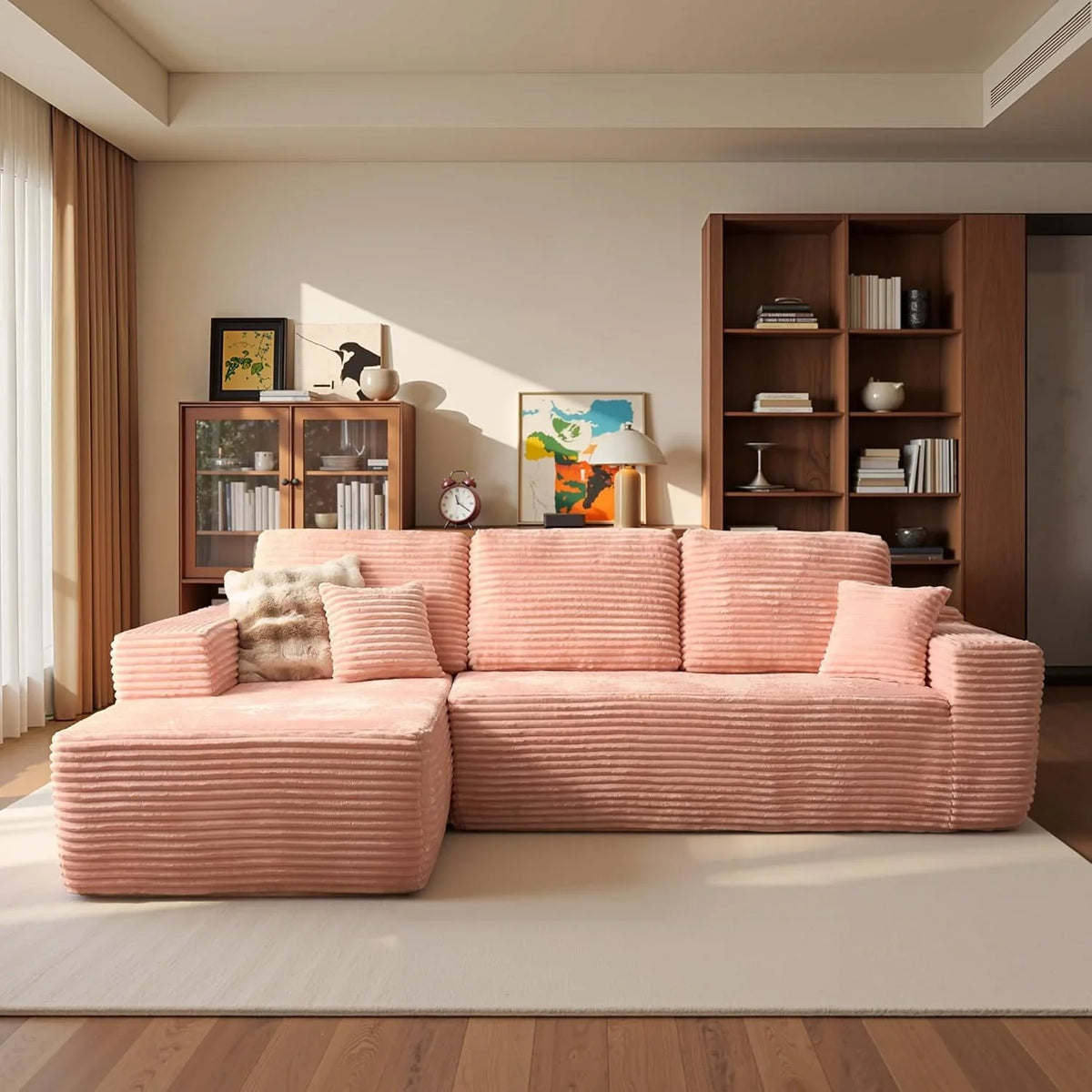 ovios 104in L-Shape Sectional Sofa With Chaise, Grey Plush Corduroy Fabric