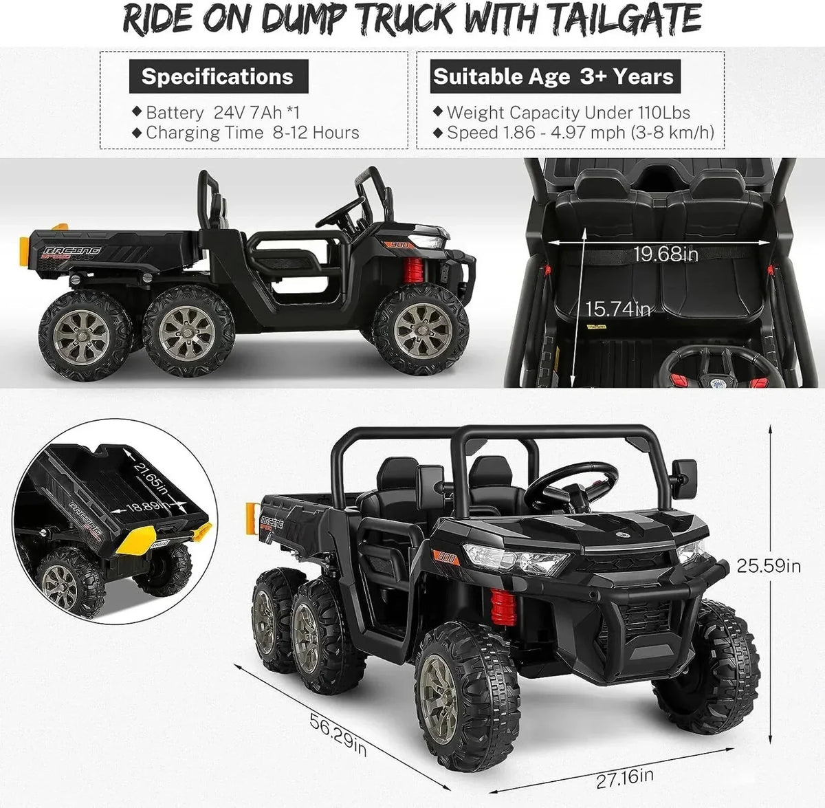 24V 6-Wheel UTV Ride-On With Dump Bed And 4WD Power