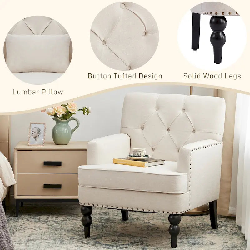 Set Of 2 Upholstered Button-Tufted Accent Chairs With Lumbar Pillows - 30 x 29 x 35 inches