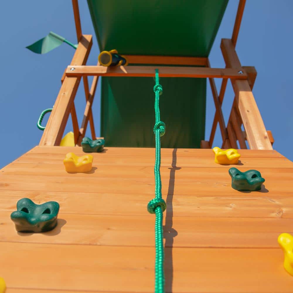 DIY Wooden Outdoor Playset With Tarp Roof, Rock Wall, Wave Slide, 3 Swings - Outing III